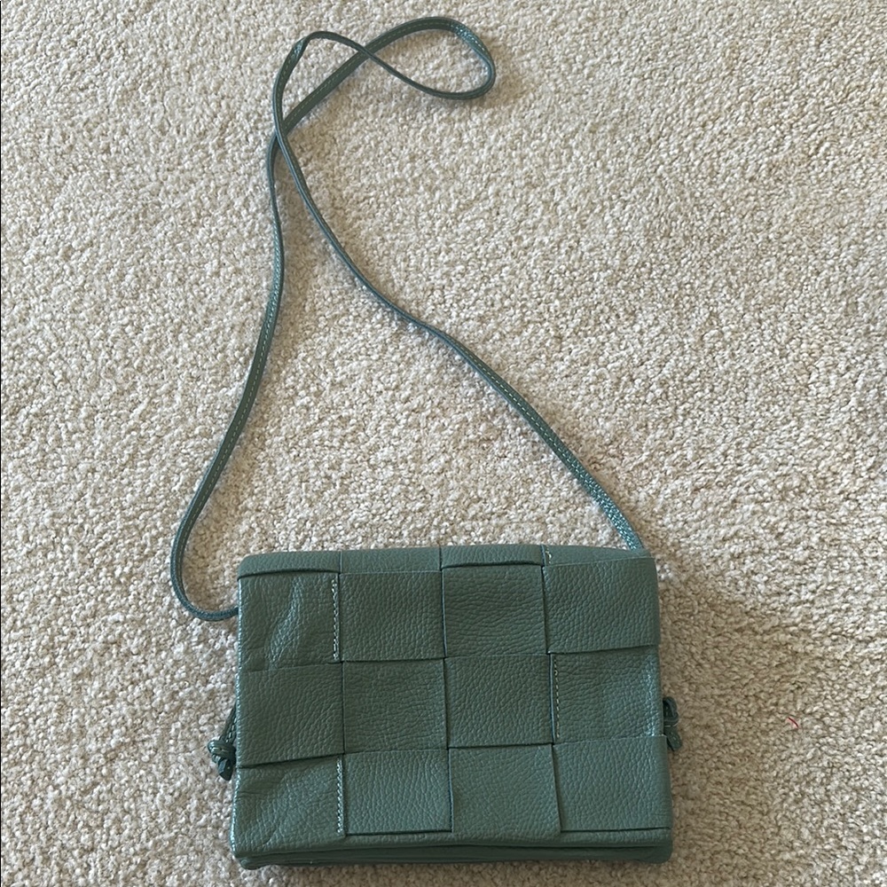 French Boutique Victor & Hugo Elegant Green Woven Leather Crossbody Bag